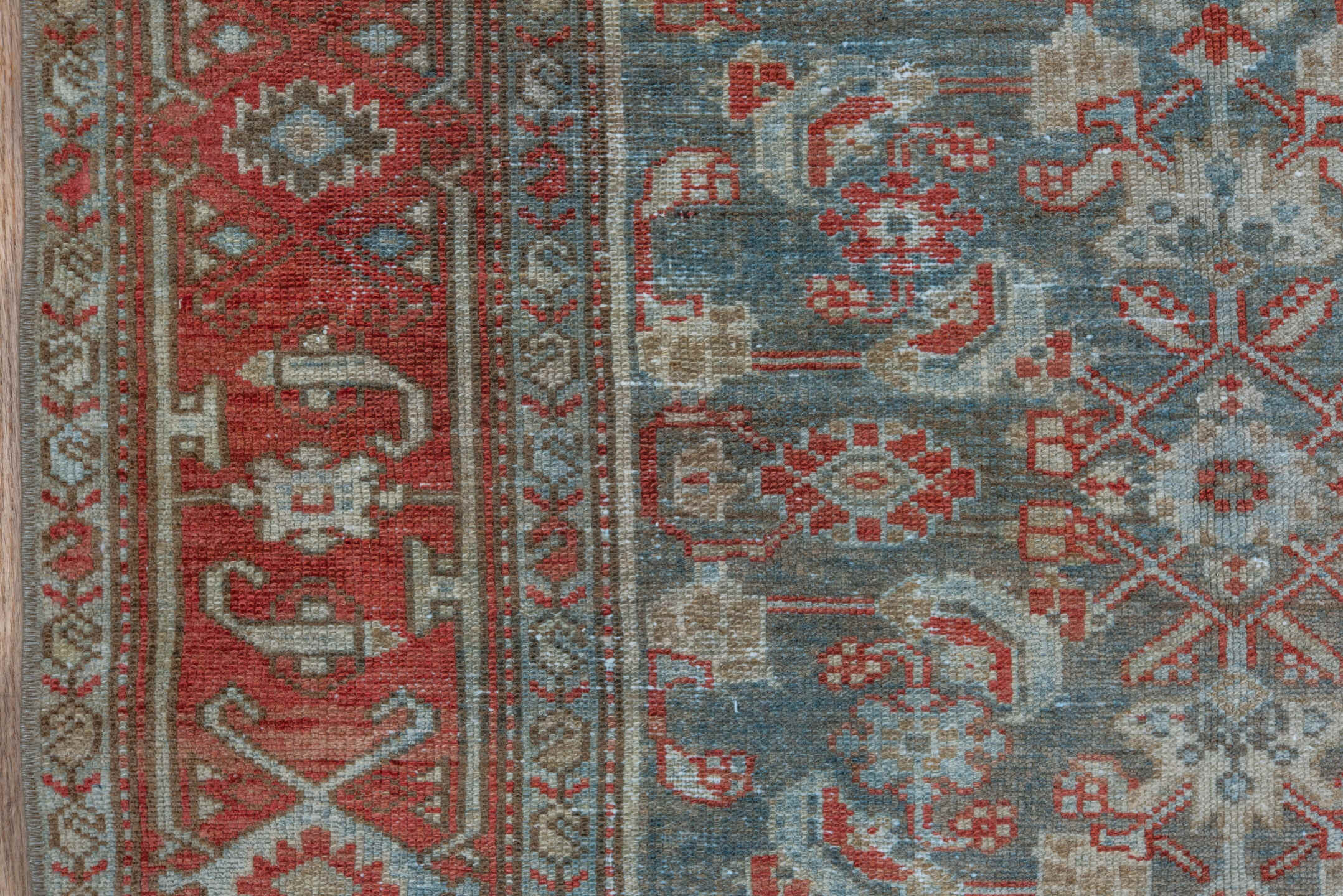 3' x 6' one-of-a-kind handmade vintage Malayer small size rug. Color palette: sky blue, rust, ivory, slate, coral, taupe
