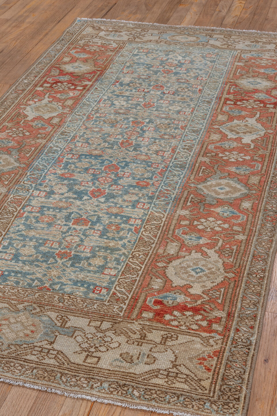 3' x 6' one-of-a-kind handmade vintage Malayer small size rug. Color palette: sky blue, ivory, rust, tan, camel, soft red