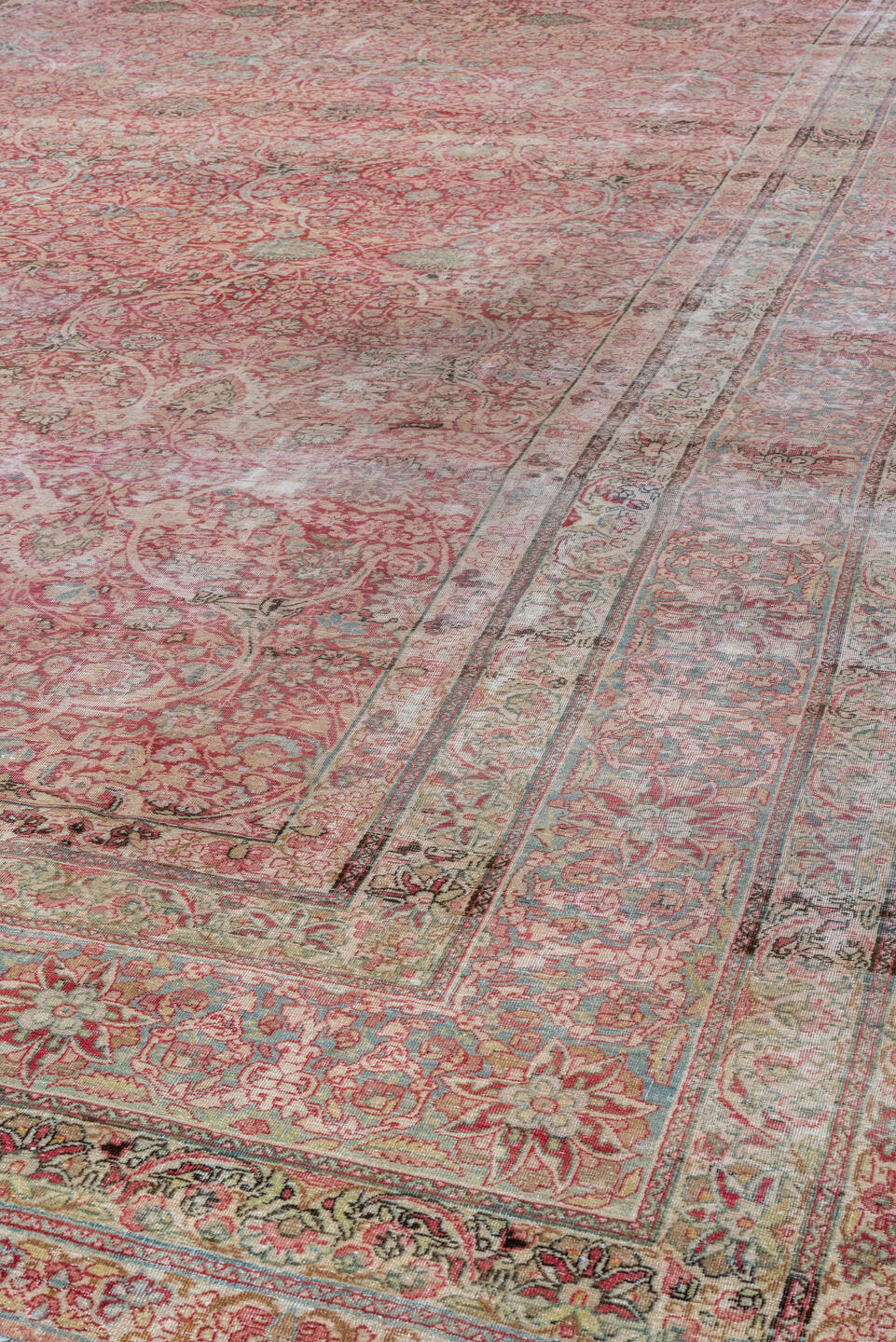 9' x 18' one-of-a-kind handmade vintage Lavar rug. Color palette: rose, ivory, blush, sage, taupe, dusty blue, burgundy