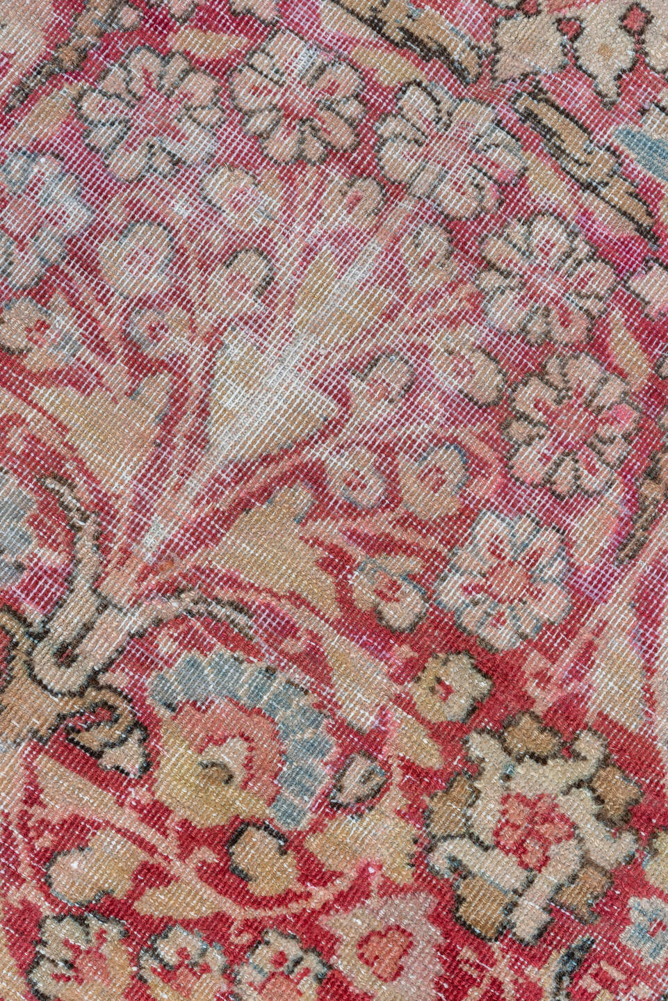 9' x 18' one-of-a-kind handmade vintage Lavar rug. Color palette: brown, gray, light gray, pink, red, silver