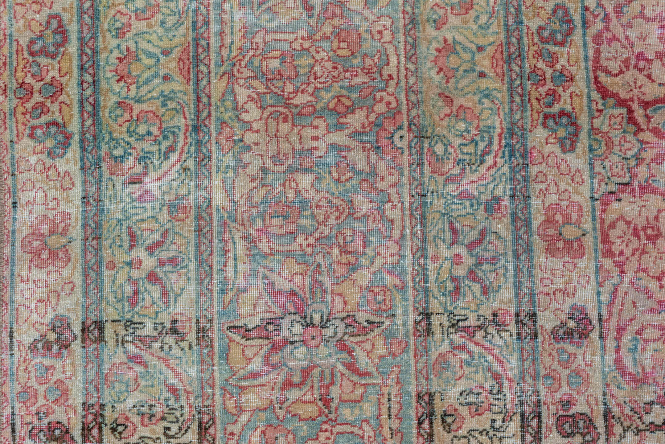 9' x 18' one-of-a-kind handmade vintage Lavar rug. Color palette: rose, ivory, blush, sage, taupe, dusty blue, burgundy
