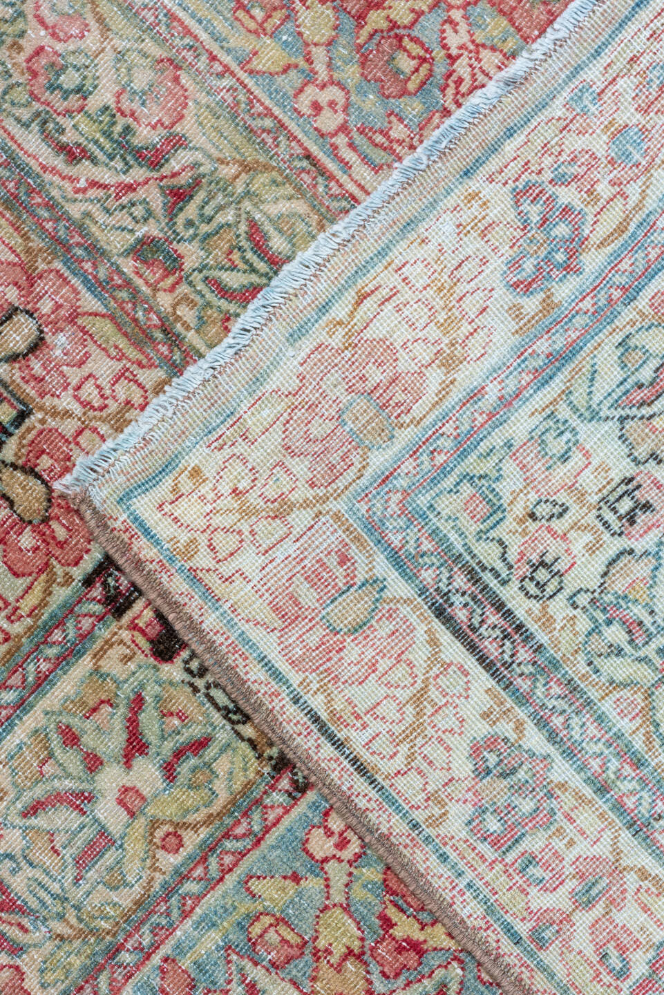 9' x 18' one-of-a-kind handmade vintage Lavar rug. Color palette: rose, ivory, blush, sage, taupe, dusty blue, burgundy