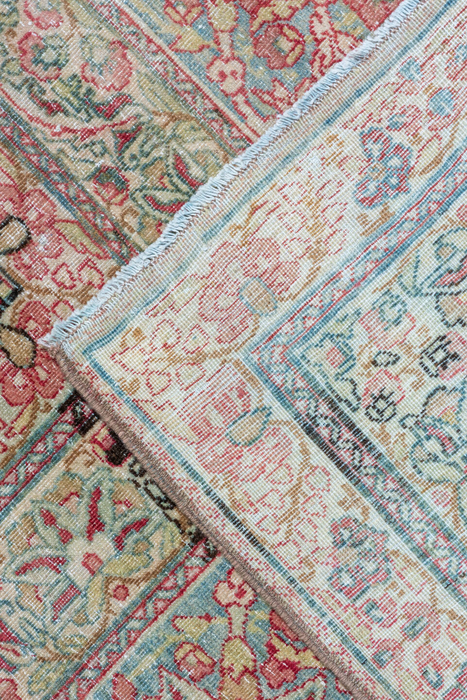 9' x 18' one-of-a-kind handmade vintage Lavar rug. Color palette: rose, ivory, blush, sage, taupe, dusty blue, burgundy