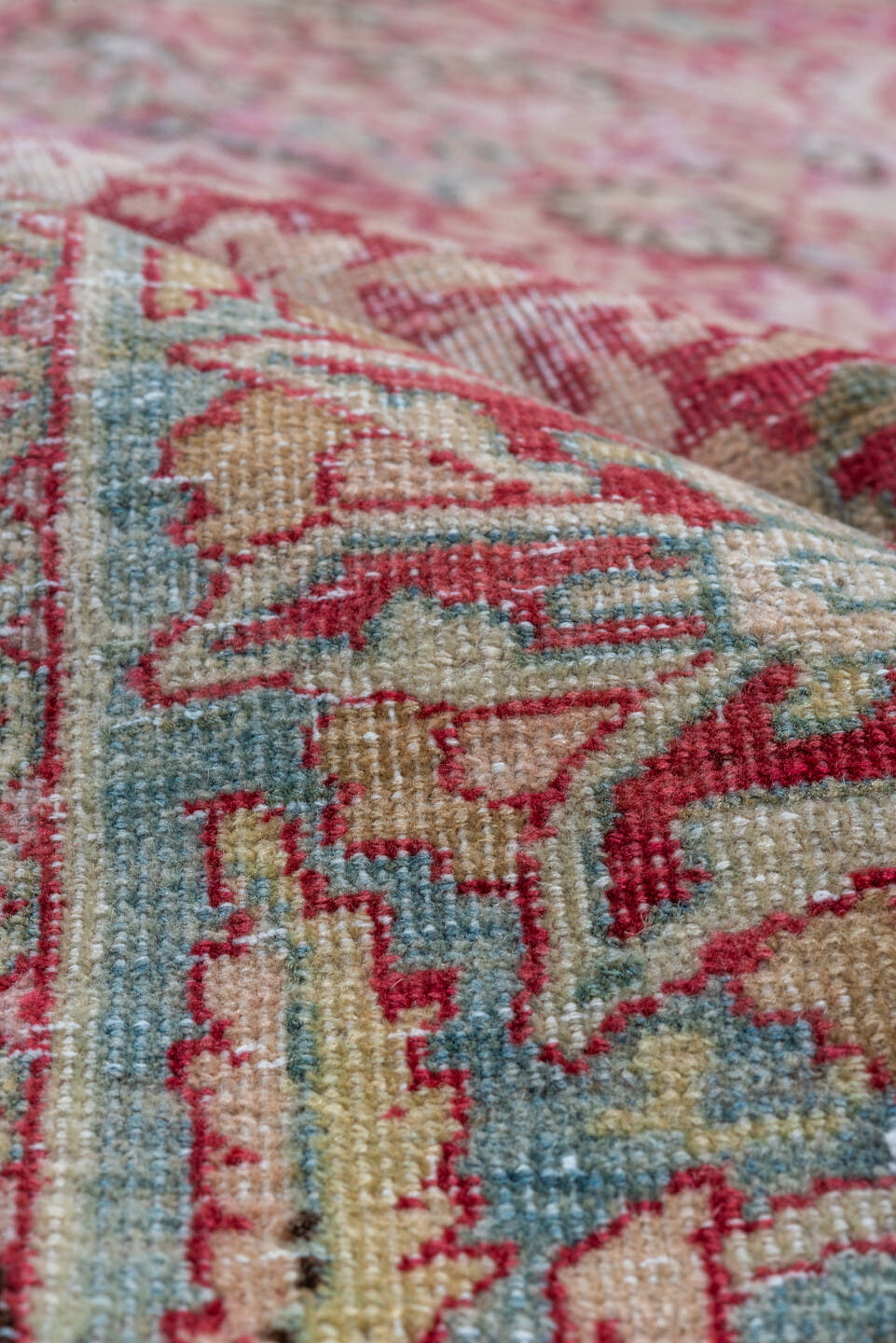 9' x 18' one-of-a-kind handmade vintage Lavar rug. Color palette: rose, ivory, blush, sage, taupe, dusty blue, burgundy