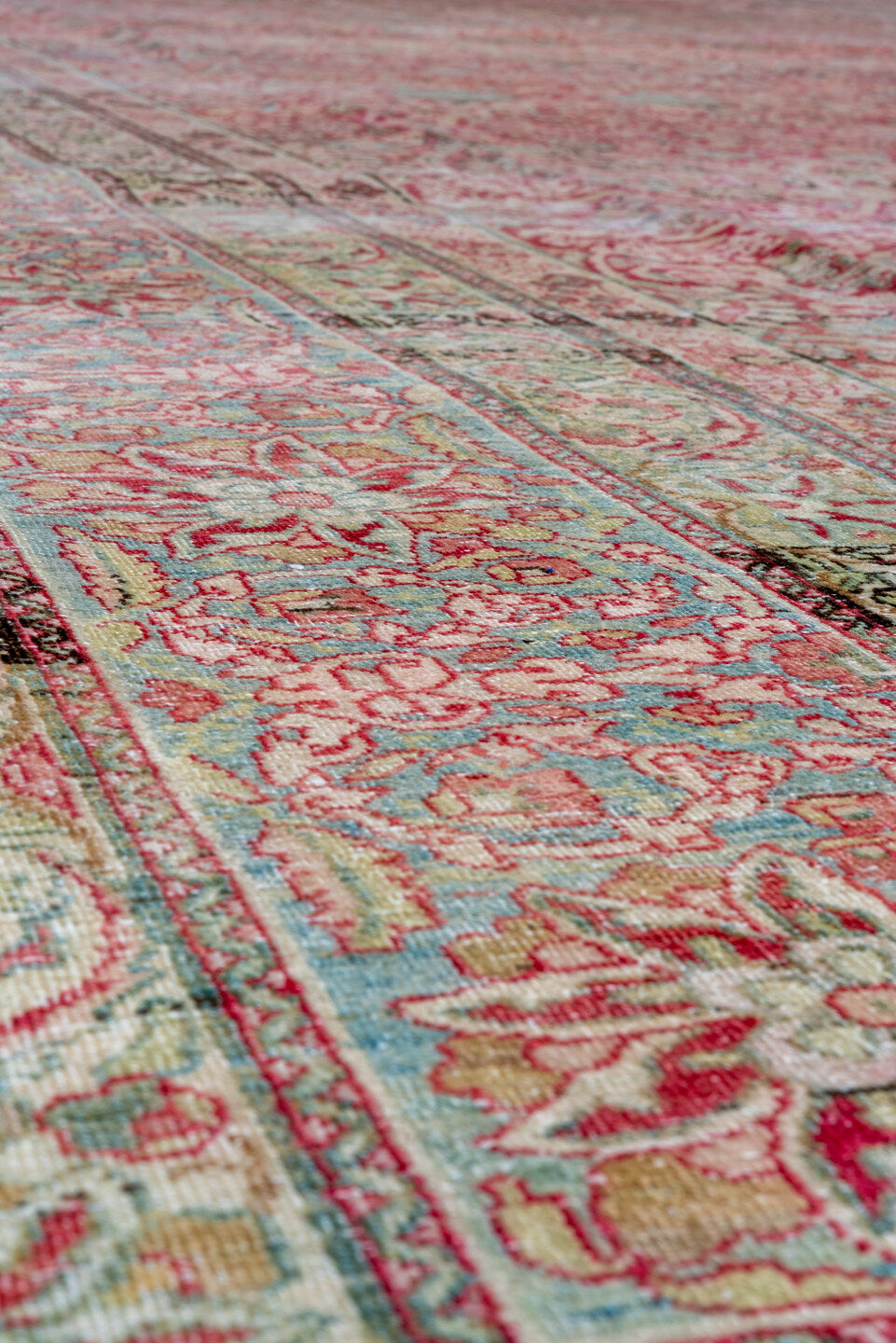 9' x 18' one-of-a-kind handmade vintage Lavar rug. Color palette: brown, gray, light gray, pink, red, silver