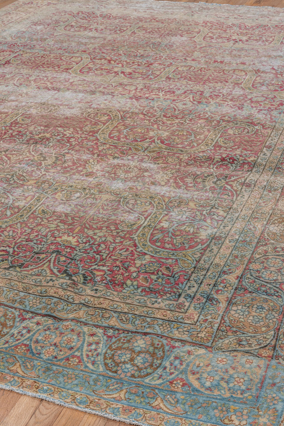 8' x 12' one-of-a-kind handmade vintage Lavar large size rug. Color palette: rose, ivory, burgundy, sky blue, beige, taupe