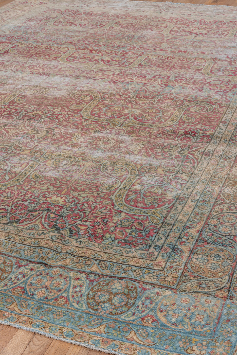 8' x 12' one-of-a-kind handmade vintage Lavar large size rug. Color palette: rose, ivory, burgundy, sky blue, beige, taupe
