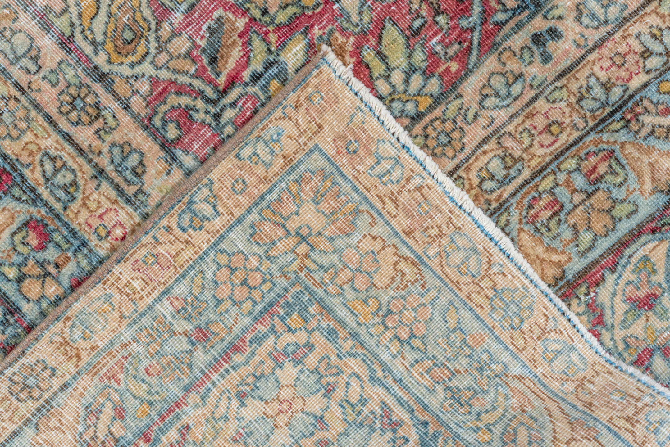 8' x 12' one-of-a-kind handmade vintage Lavar large size rug. Color palette: rose, ivory, burgundy, sky blue, beige, taupe