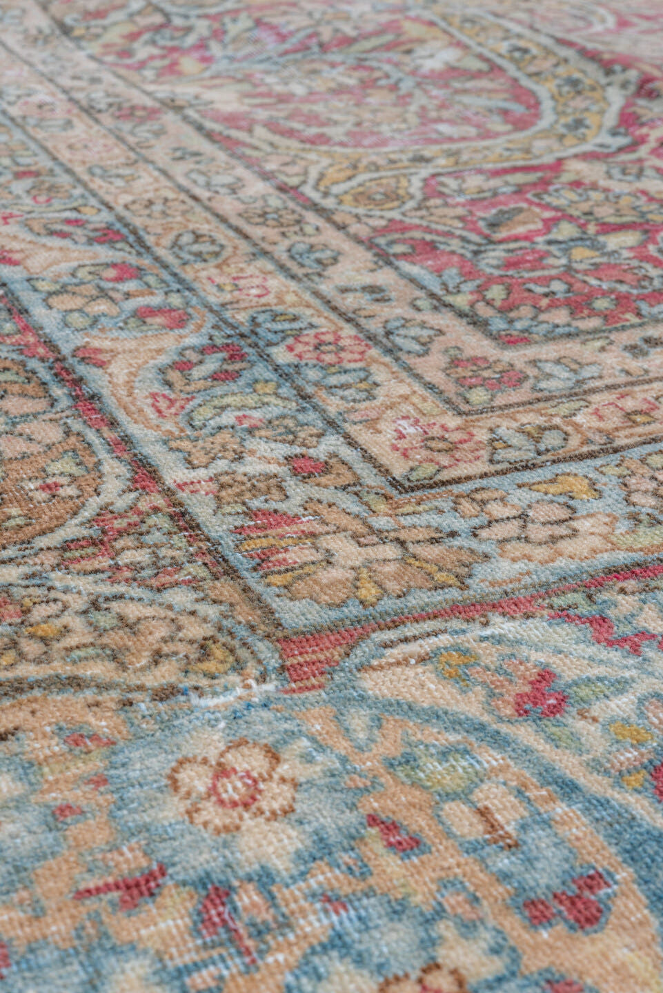8' x 12' one-of-a-kind handmade vintage Lavar large size rug. Color palette: rose, ivory, burgundy, sky blue, beige, taupe