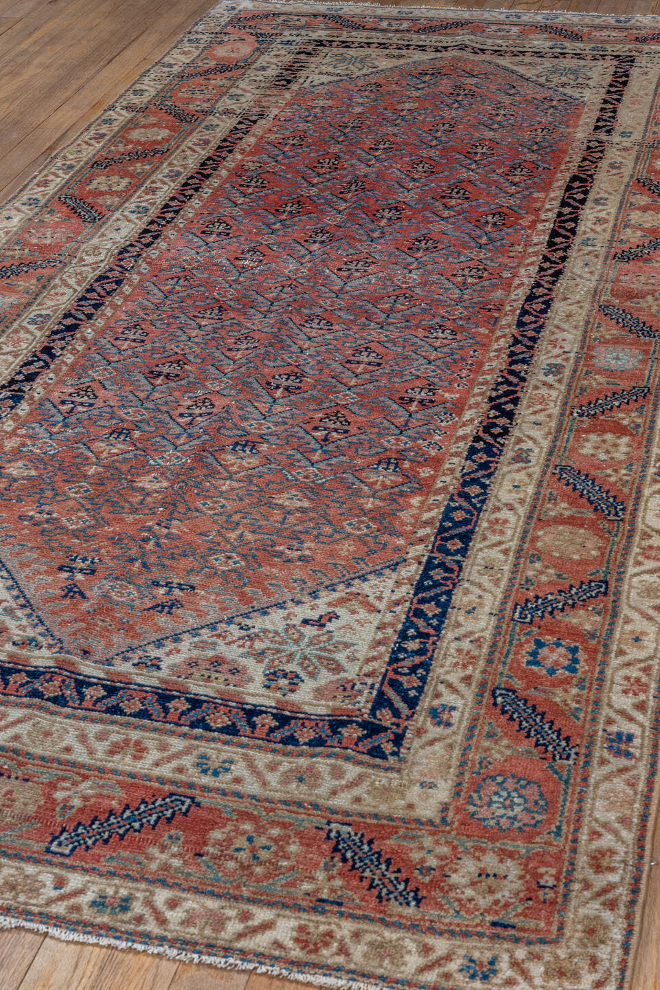3' x 8' one-of-a-kind handmade vintage Malayer runner rug. Color palette: coral, ivory, navy, sky_blue, rose, taupe
