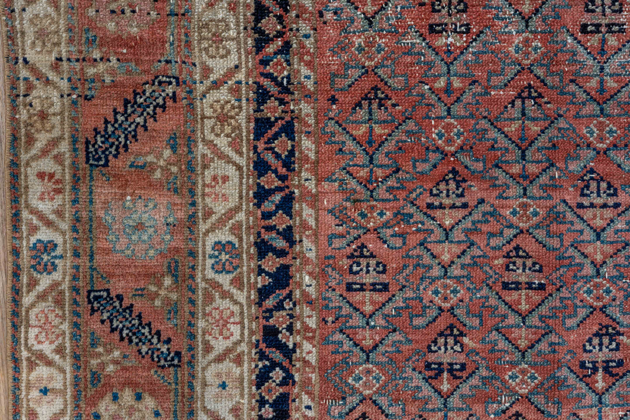 3' x 8' one-of-a-kind handmade vintage Malayer runner rug. Color palette: coral, ivory, navy, sky_blue, rose, taupe
