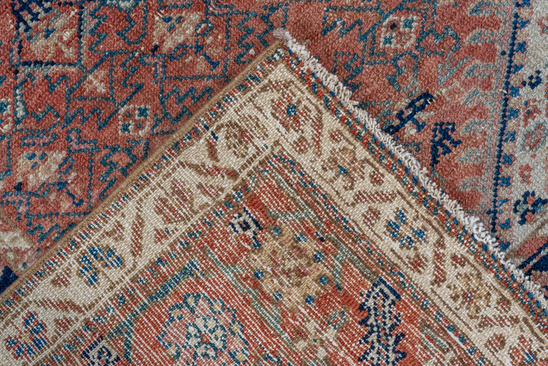 3' x 8' one-of-a-kind handmade vintage Malayer runner rug. Color palette: coral, ivory, navy, sky_blue, rose, taupe