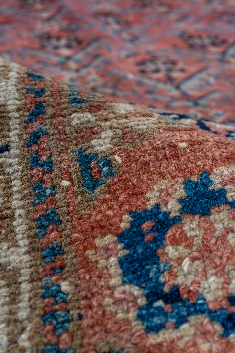 3' x 8' one-of-a-kind handmade vintage Malayer runner rug. Color palette: coral, ivory, navy, sky_blue, rose, taupe