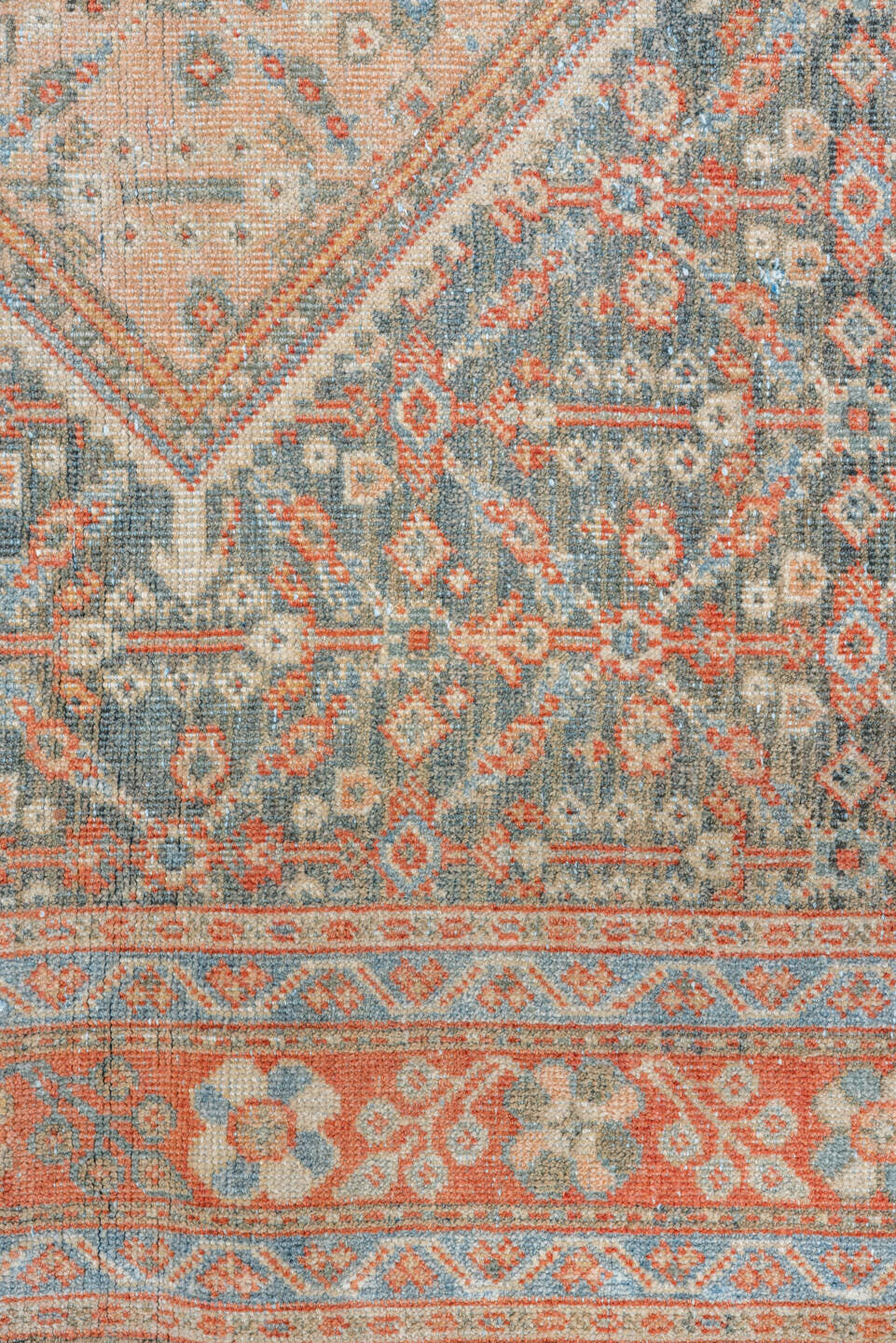 4' x 6' one-of-a-kind handmade vintage Mahal small size rug. Color palette: slate, coral, ivory, pale blue, gray, salmon
