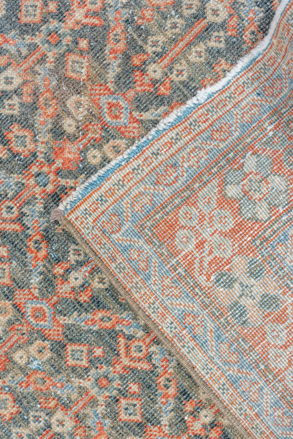 4' x 6' one-of-a-kind handmade vintage Mahal small size rug. Color palette: slate, coral, ivory, pale blue, gray, salmon