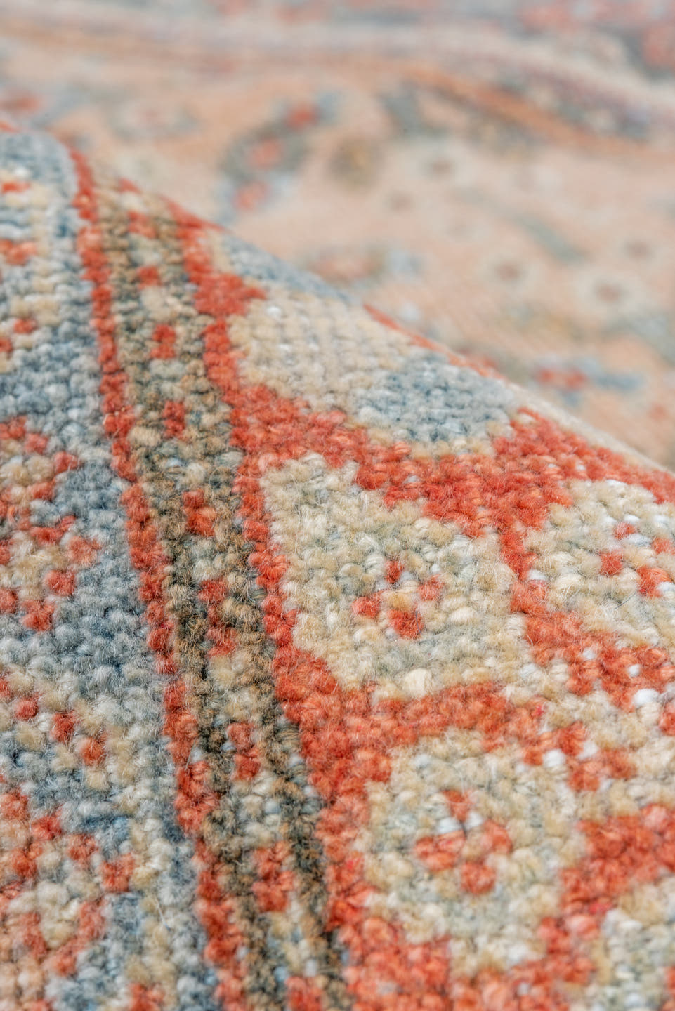 4' x 6' one-of-a-kind handmade vintage Mahal small size rug. Color palette: slate, coral, ivory, pale blue, gray, salmon