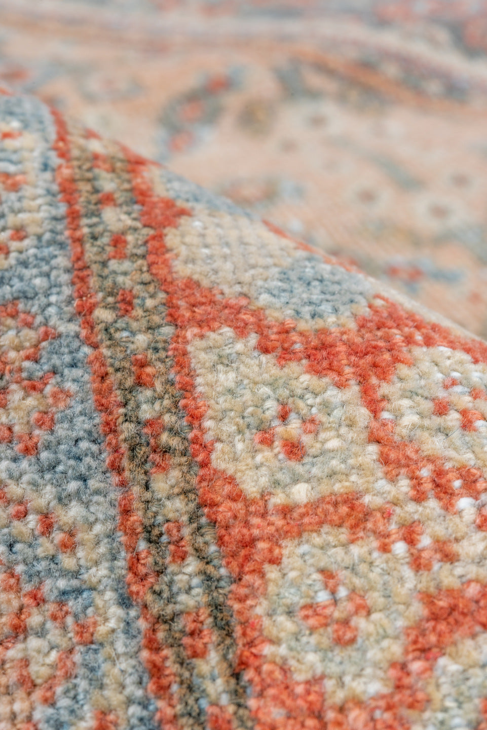 4' x 6' one-of-a-kind handmade vintage Mahal small size rug. Color palette: slate, coral, ivory, pale blue, gray, salmon