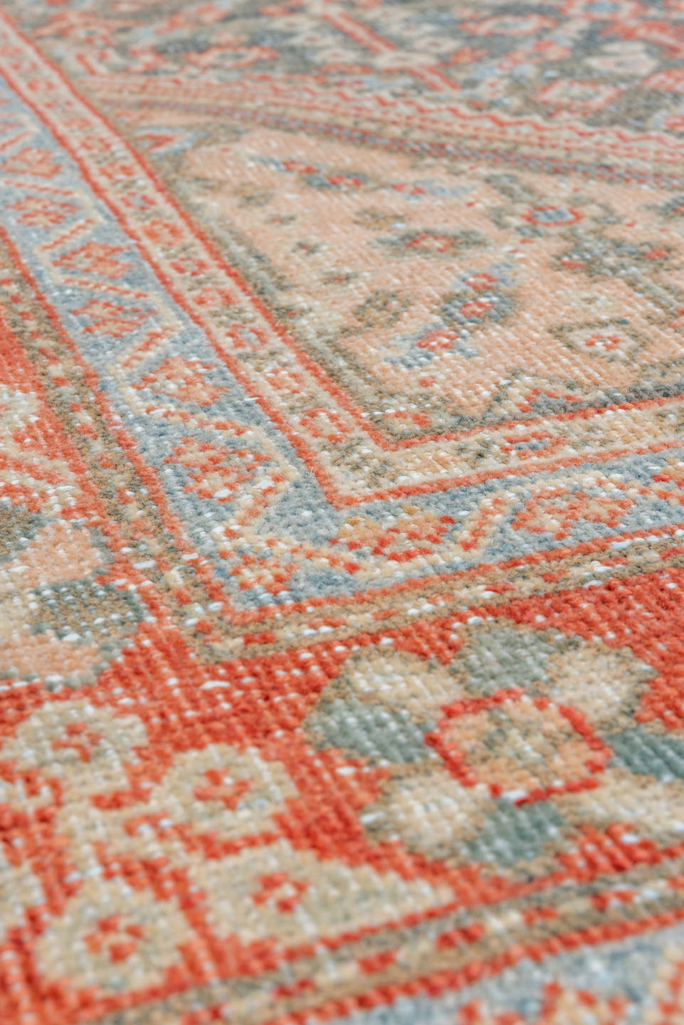 4' x 6' one-of-a-kind handmade vintage Mahal small size rug. Color palette: slate, coral, ivory, pale blue, gray, salmon