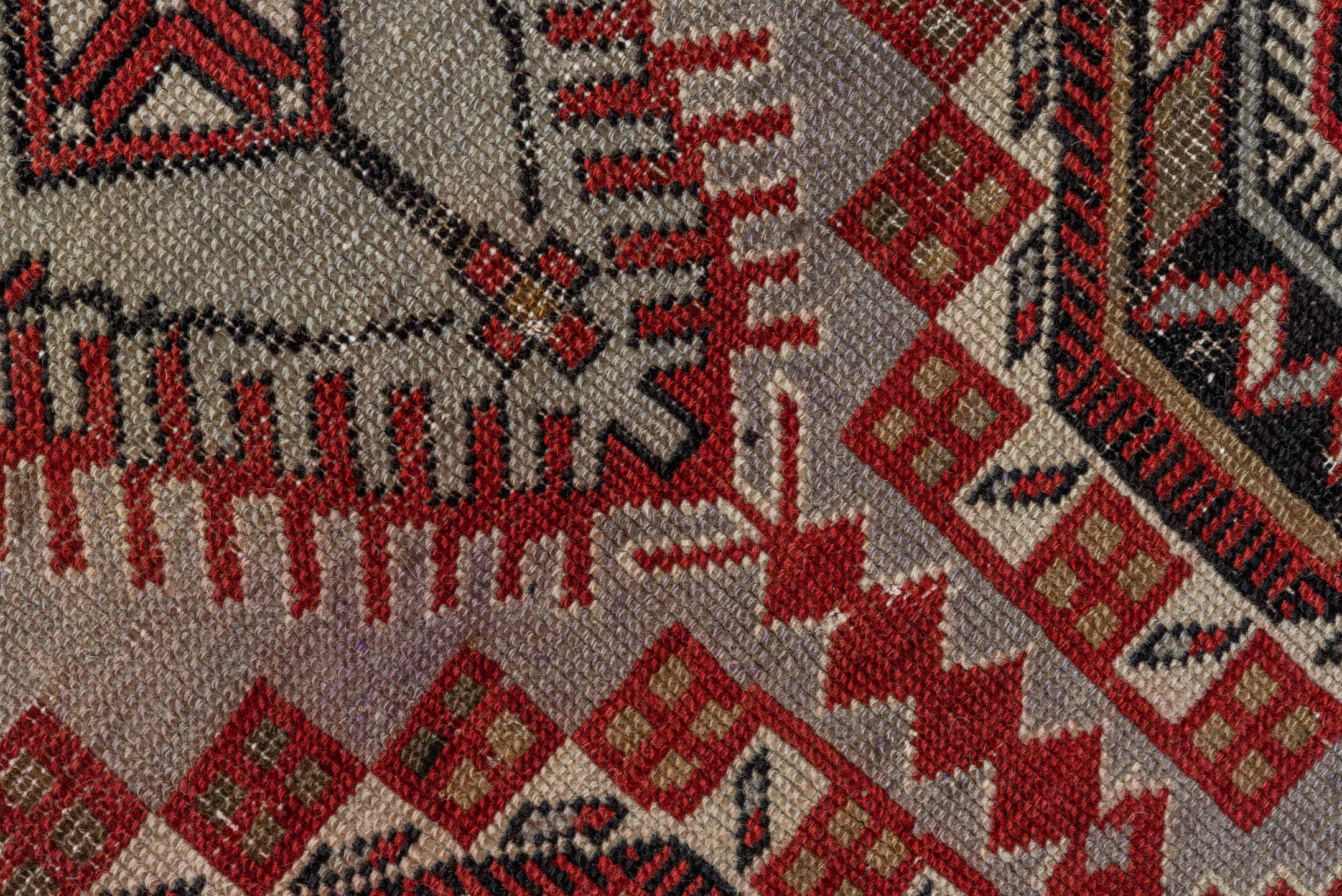 4' x 7' one-of-a-kind handmade vintage Shirvan rug. Color palette: ivory, crimson, charcoal, camel, taupe, mahogany, red