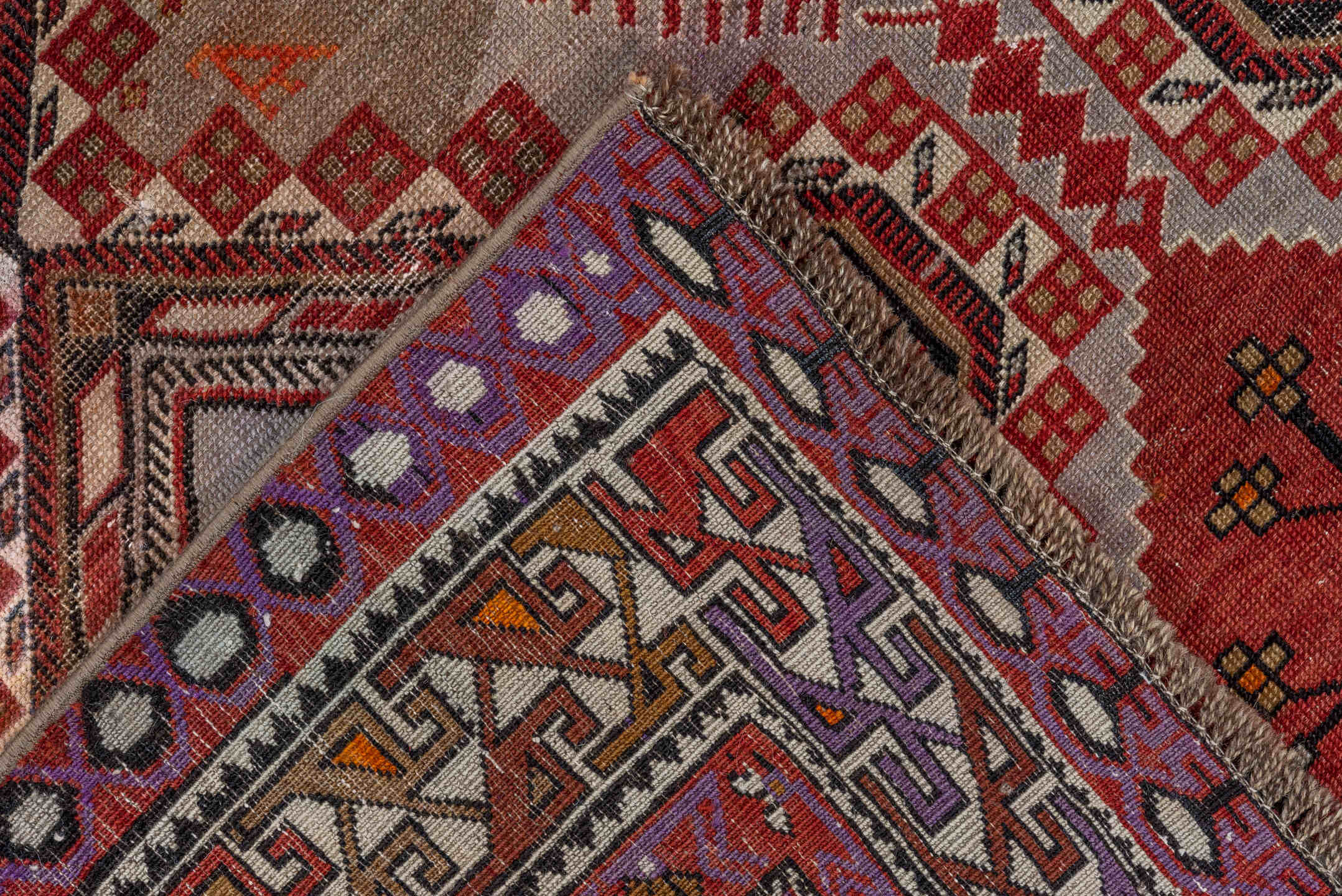 4' x 7' one-of-a-kind handmade vintage Shirvan rug. Color palette: brown, gray, pink
