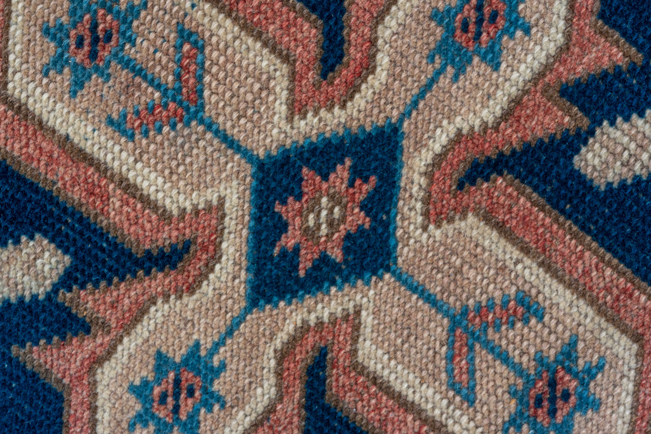 2' x 9' one-of-a-kind handmade vintage Oushak runner rug. Color palette: navy, ivory, blush, taupe, camel, blue, pink, beige