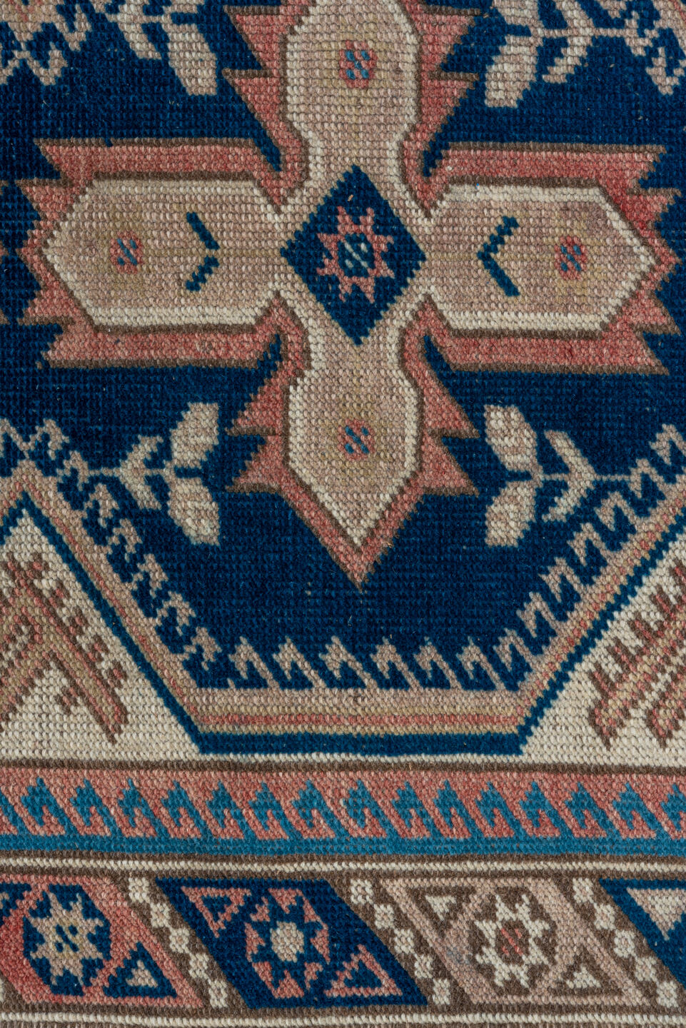 2' x 9' one-of-a-kind handmade vintage Oushak runner rug. Color palette: navy, ivory, blush, taupe, camel, blue, pink, beige