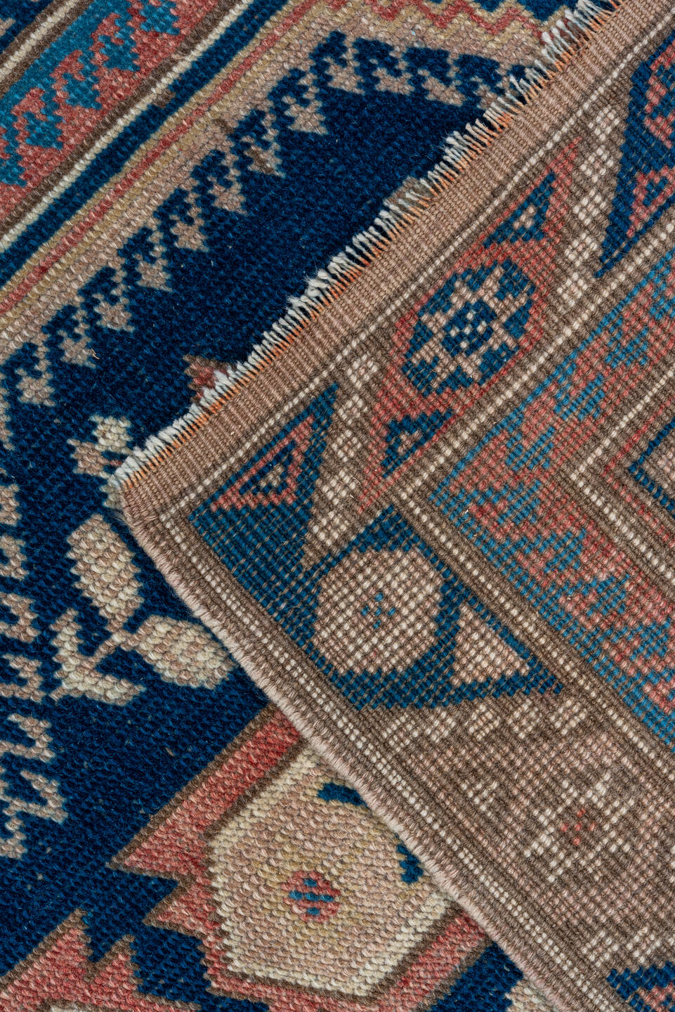 2' x 9' one-of-a-kind handmade vintage Oushak runner rug. Color palette: navy, ivory, blush, taupe, camel, blue, pink, beige