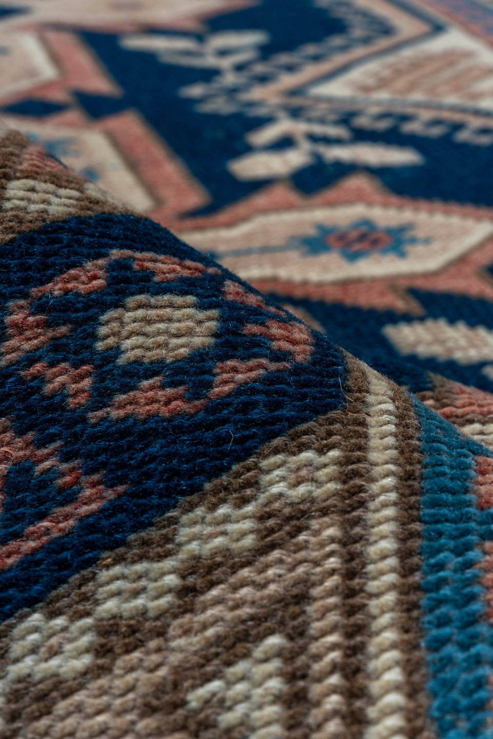 2' x 9' one-of-a-kind handmade vintage Oushak runner rug. Color palette: navy, ivory, blush, taupe, camel, blue, pink, beige