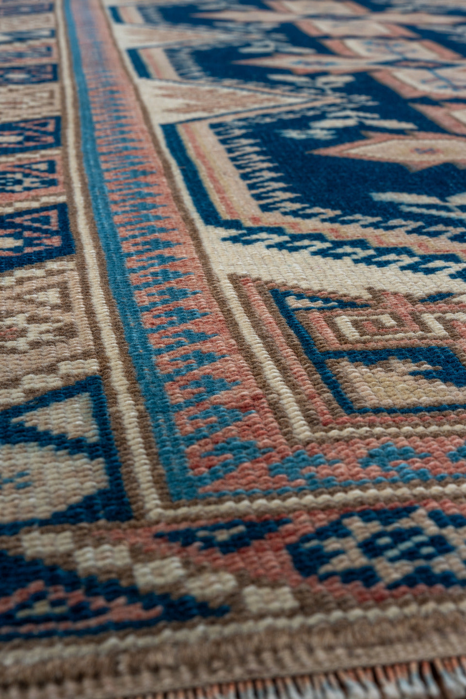 2' x 9' one-of-a-kind handmade vintage Oushak runner rug. Color palette: navy, ivory, blush, taupe, camel, blue, pink, beige