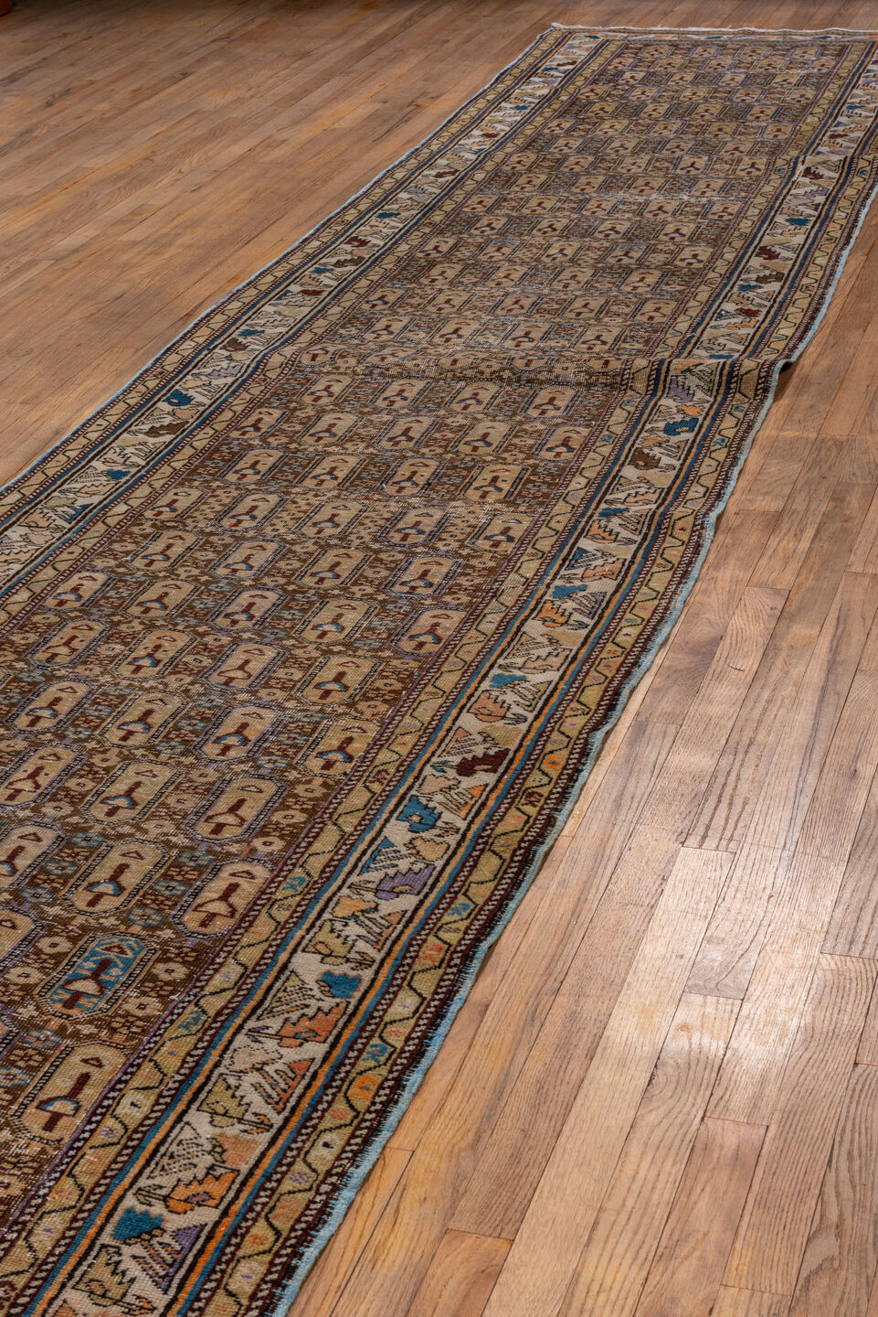 3' x 18' one-of-a-kind handmade vintage Shirvan runner rug. Color palette: ivory, camel, taupe, slate, rust, blue, brown