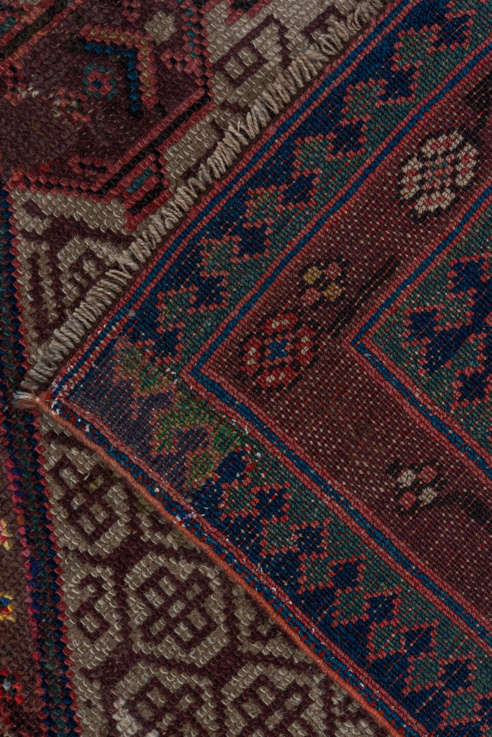 4' x 10' one-of-a-kind handmade vintage Cam Hamadan runner rug. Color palette: ivory, burgundy, navy, rust, brown, rose