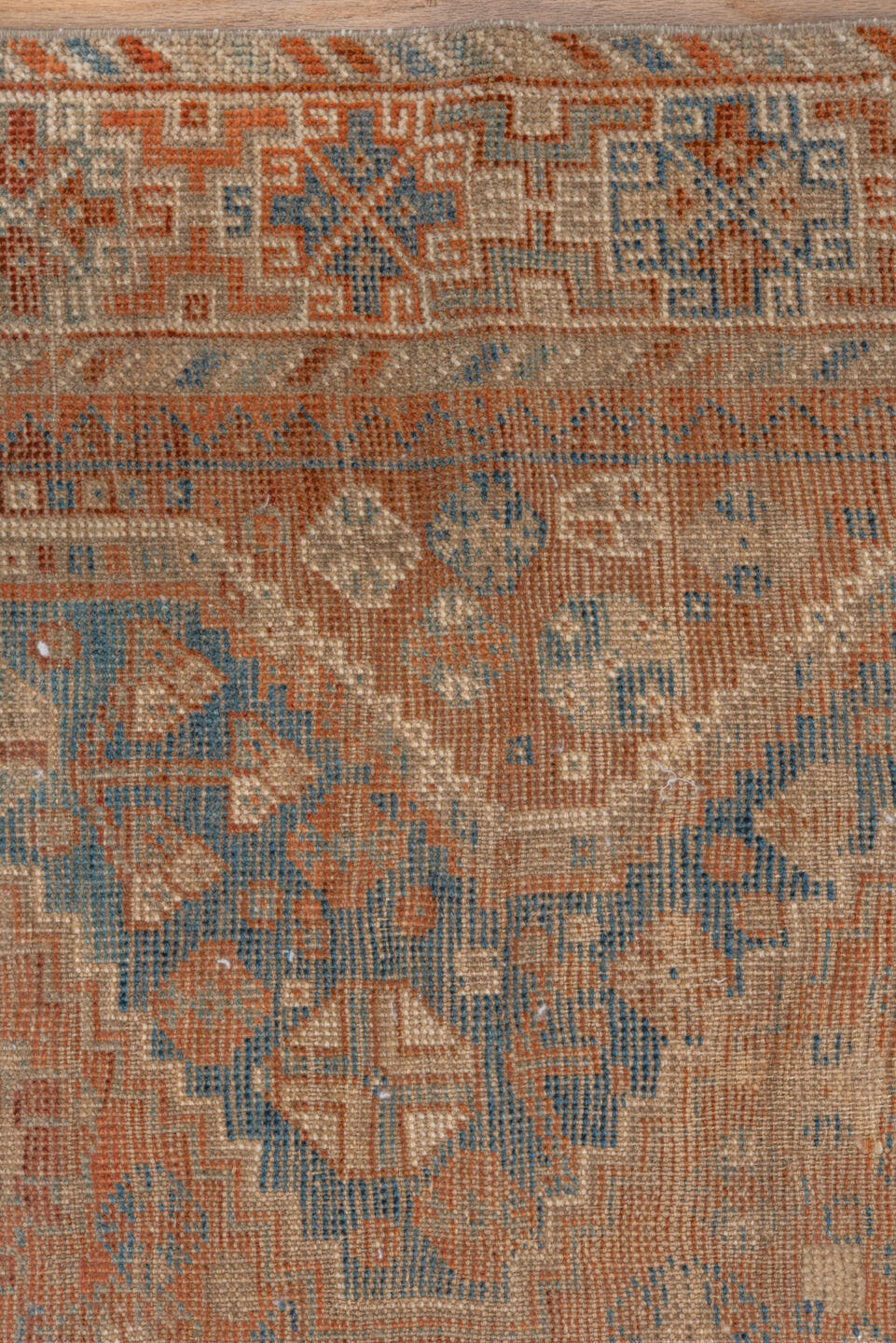 3' x 5' one-of-a-kind handmade vintage Shiraz small size rug. Color palette: terra cotta, ivory, sky blue, rust, beige