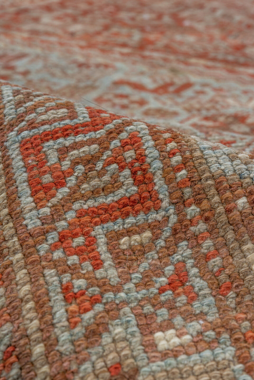 7' x 10' one-of-a-kind handmade vintage Shiraz large size rug. Color palette: rust, ivory, terra cotta, sky blue, camel