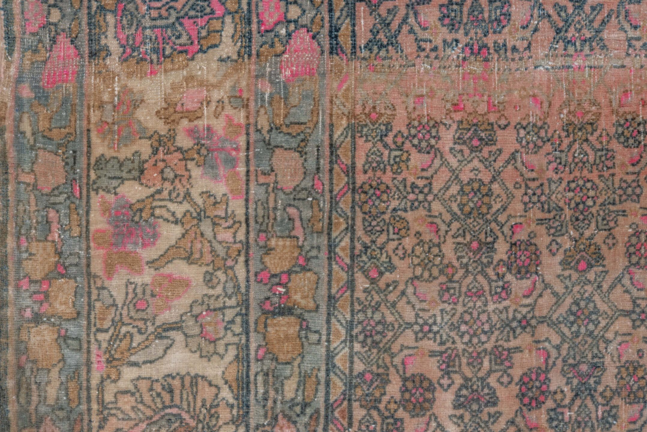 7' x 10' one-of-a-kind handmade vintage Bidjar large size rug. Color palette: taupe, slate, ivory, rose, charcoal, camel