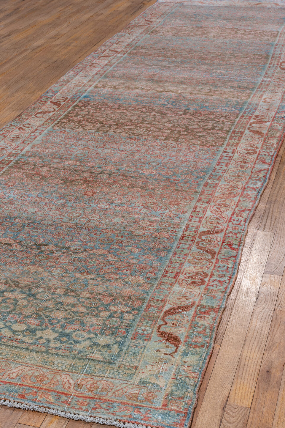 4' x 14' one-of-a-kind handmade vintage Bidjar runner rug. Color palette: sky blue, ivory, rust, taupe, brown, terracotta