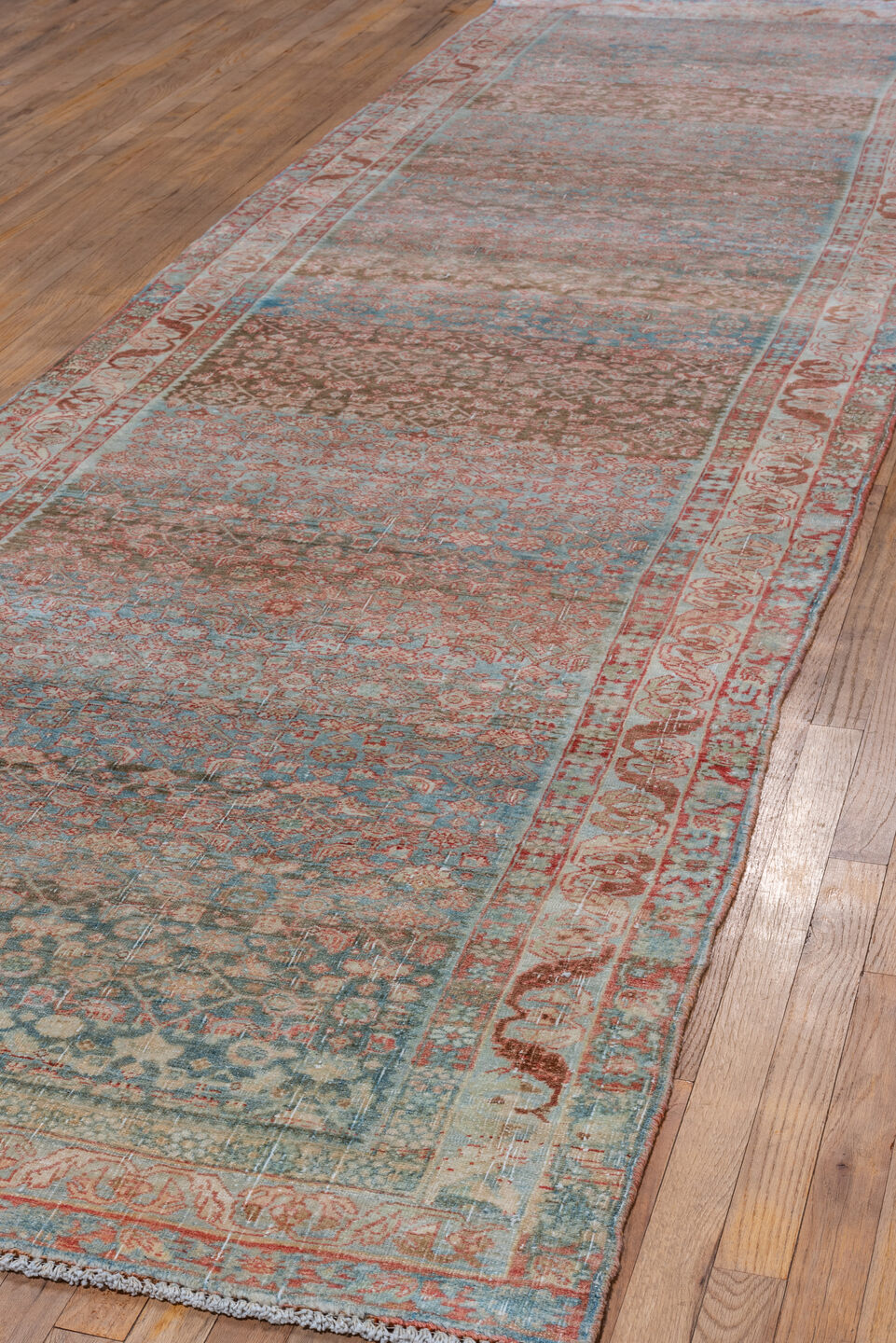 4' x 14' one-of-a-kind handmade vintage Bidjar runner rug. Color palette: sky blue, ivory, rust, taupe, brown, terracotta