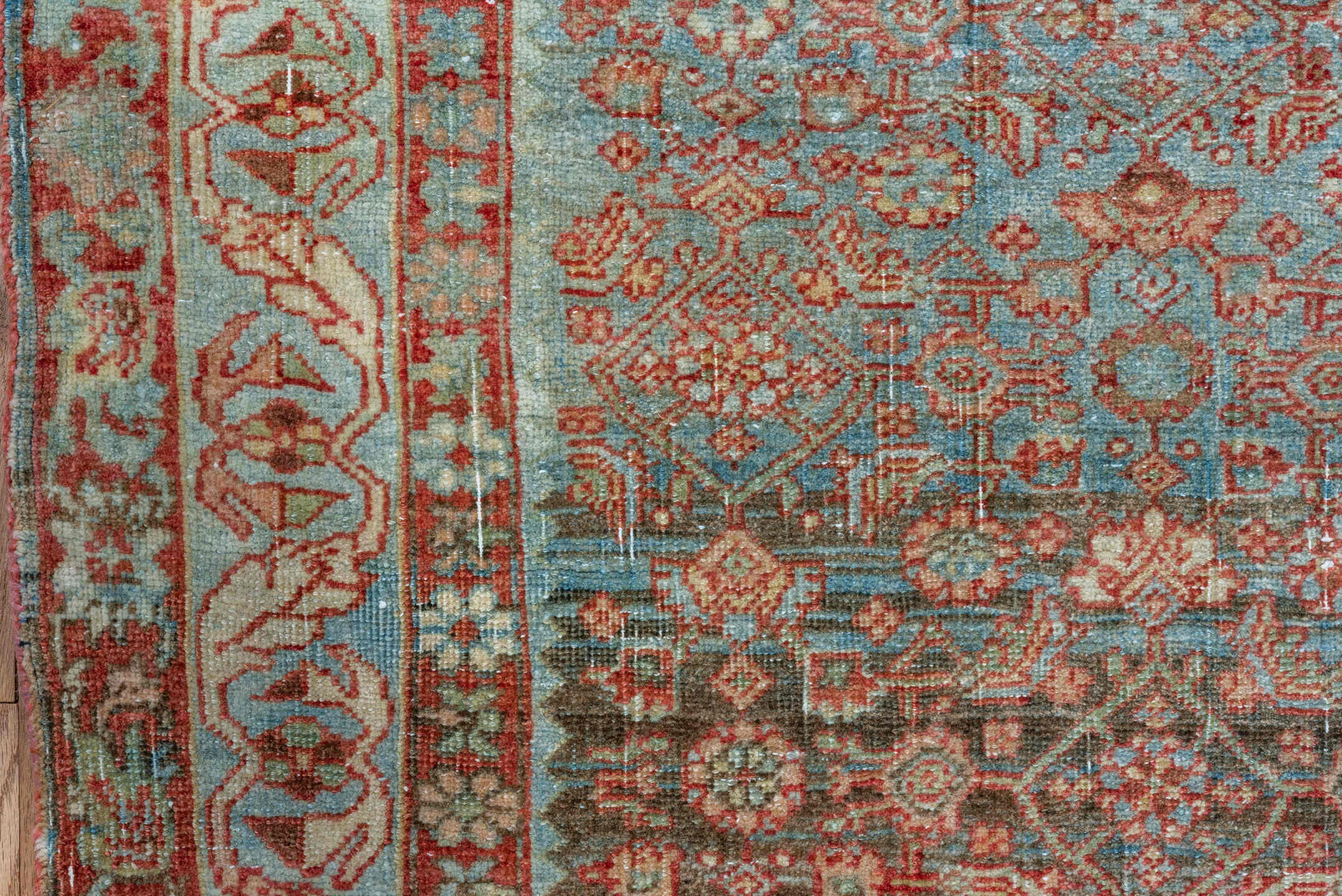 4' x 14' one-of-a-kind handmade vintage Bidjar runner rug. Color palette: sky blue, ivory, rust, taupe, brown, terracotta