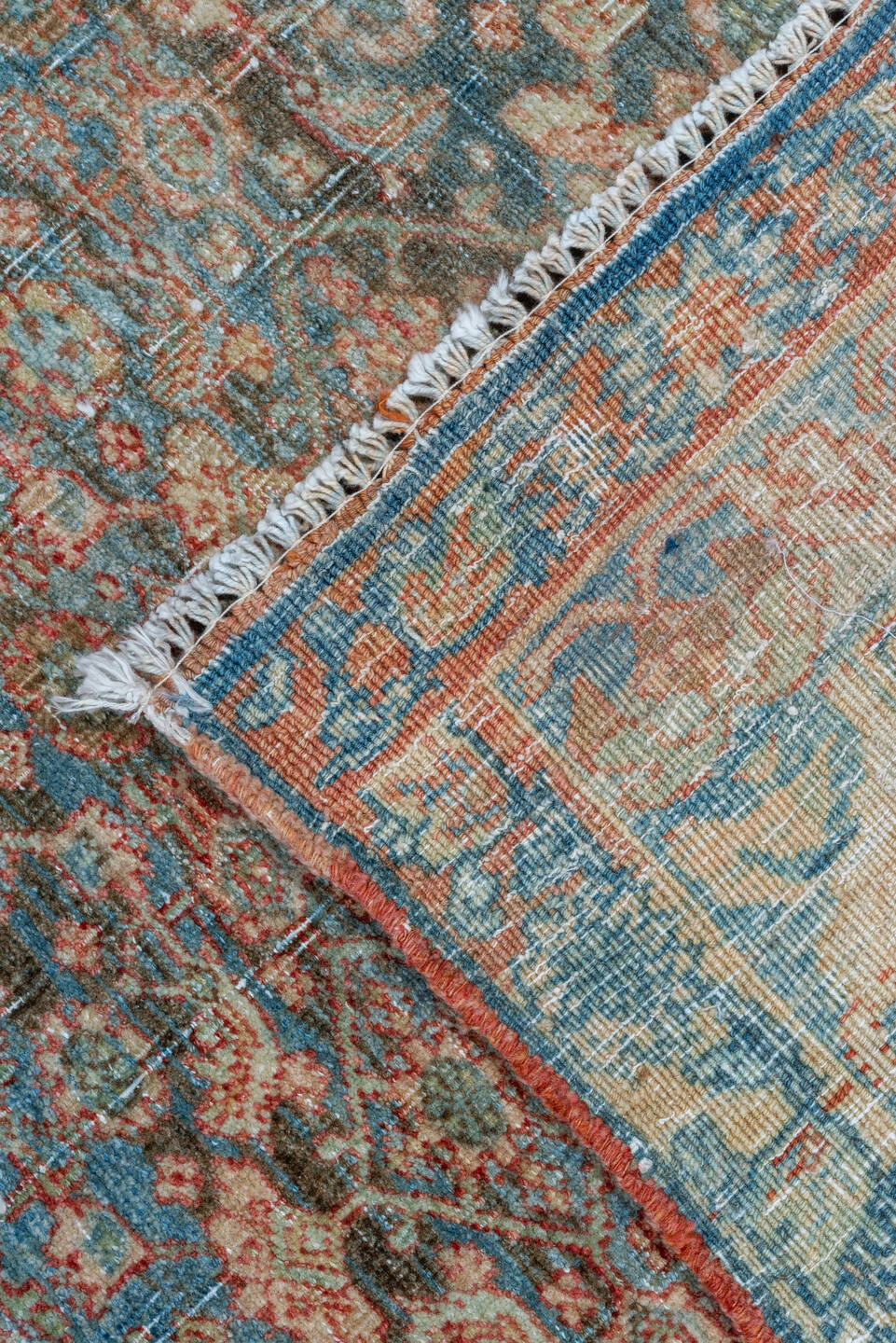 4' x 14' one-of-a-kind handmade vintage Bidjar runner rug. Color palette: sky blue, ivory, rust, taupe, brown, terracotta