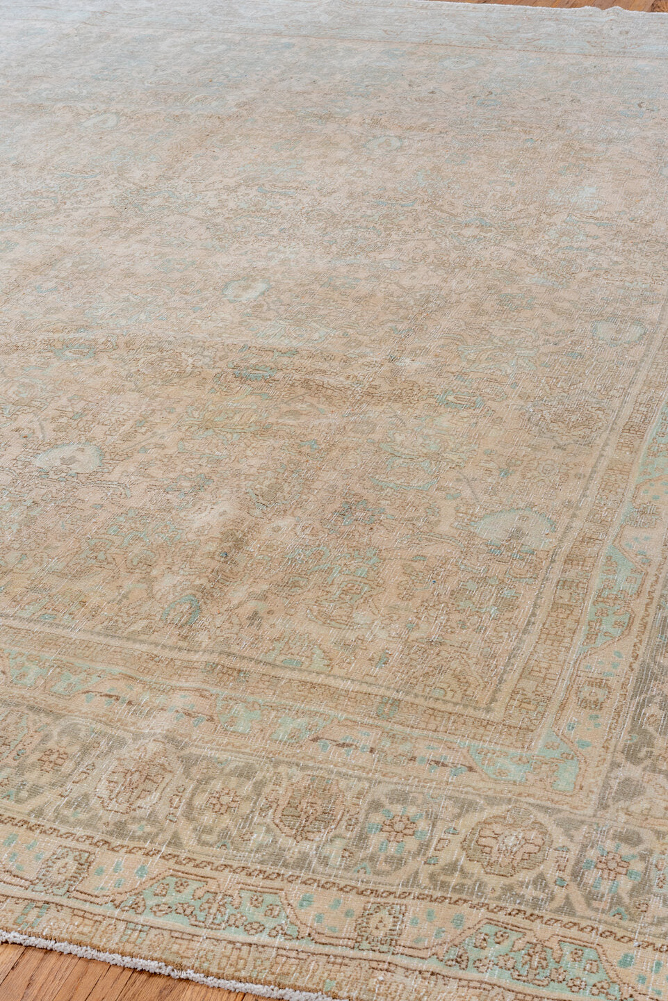 10' x 13' one-of-a-kind handmade vintage Bidjar large size rug. Color palette: beige, taupe, ivory, pale aqua, sand, camel