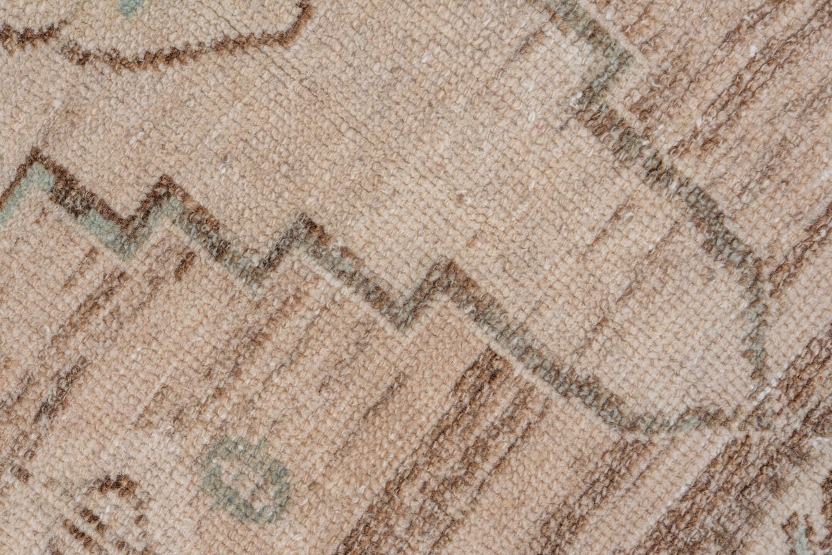 3' x 4' one-of-a-kind handmade vintage Oushak small size rug. Color palette: ivory, taupe, brown, pale aqua, beige, gray