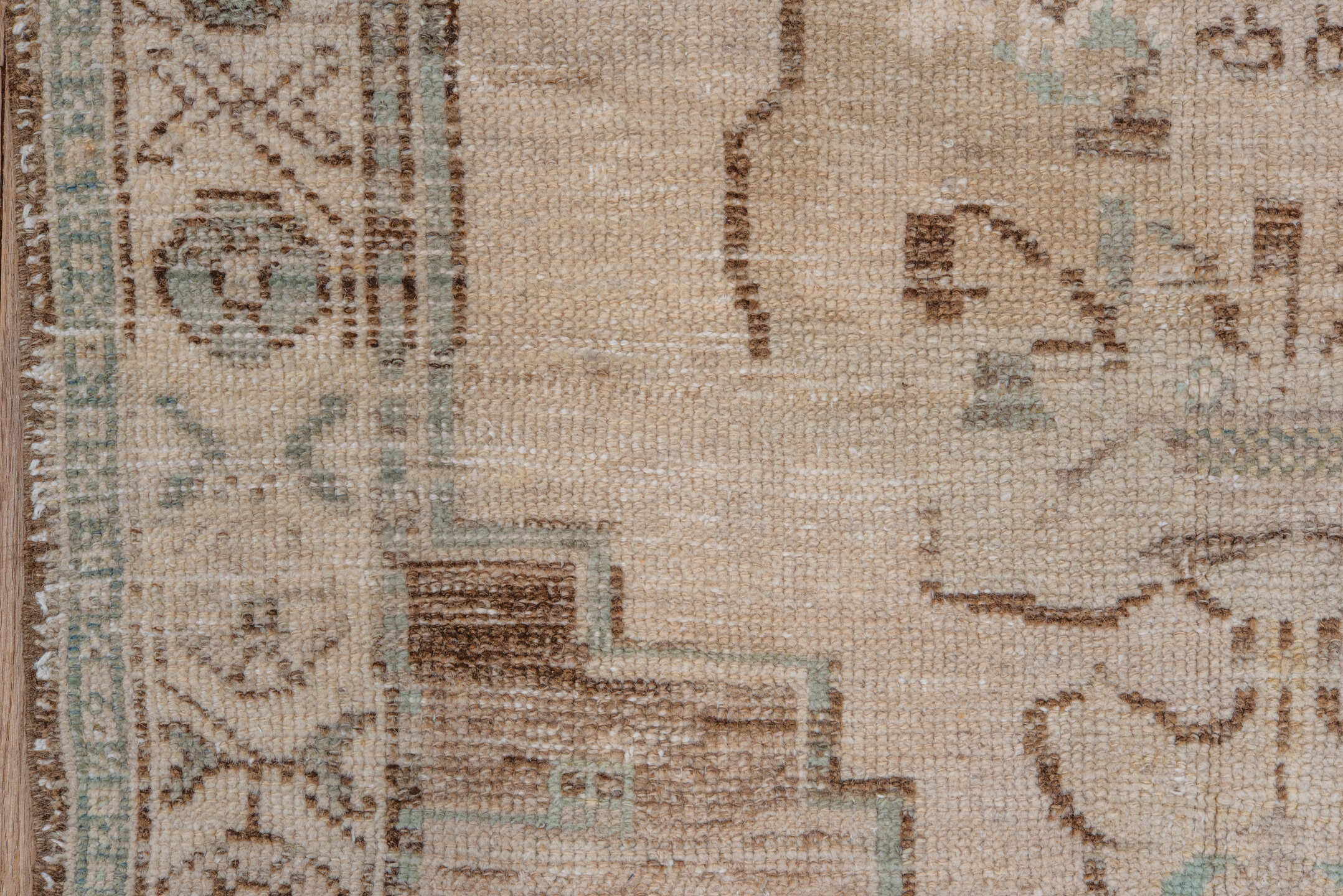 3' x 4' one-of-a-kind handmade vintage Oushak small size rug. Color palette: ivory, taupe, brown, pale aqua, beige, gray