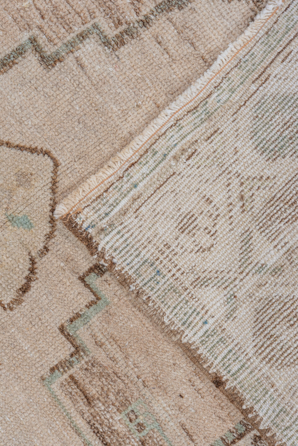 3' x 4' one-of-a-kind handmade vintage Oushak small size rug. Color palette: ivory, taupe, brown, pale aqua, beige, gray