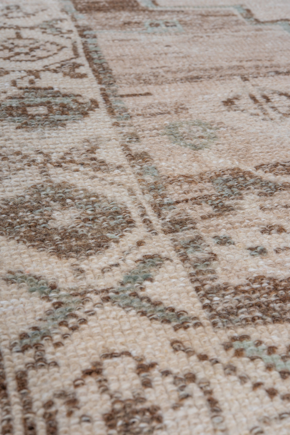 3' x 4' one-of-a-kind handmade vintage Oushak small size rug. Color palette: ivory, taupe, brown, pale aqua, beige, gray