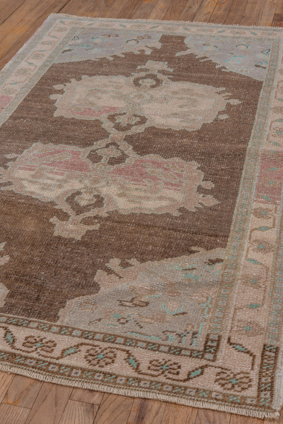 3' x 5' one-of-a-kind handmade vintage Oushak small size rug. Color palette: brown, ivory, taupe, blush, pale aqua, cream