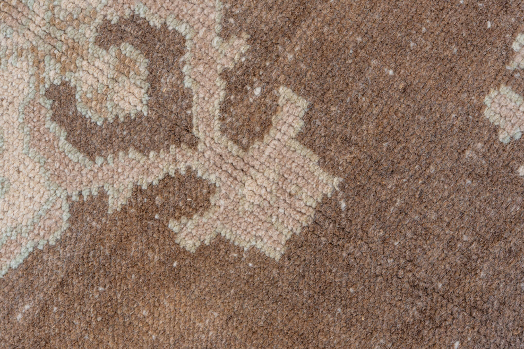 3' x 5' one-of-a-kind handmade vintage Oushak small size rug. Color palette: brown, ivory, taupe, blush, pale aqua, cream