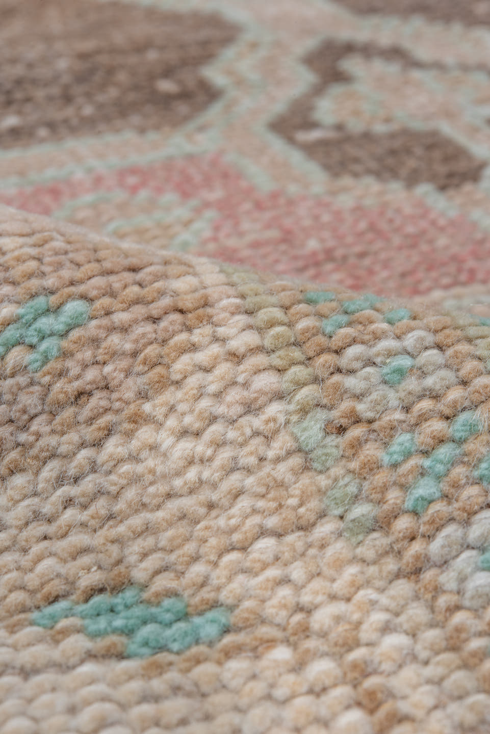 3' x 5' one-of-a-kind handmade vintage Oushak small size rug. Color palette: brown, ivory, taupe, blush, pale aqua, cream