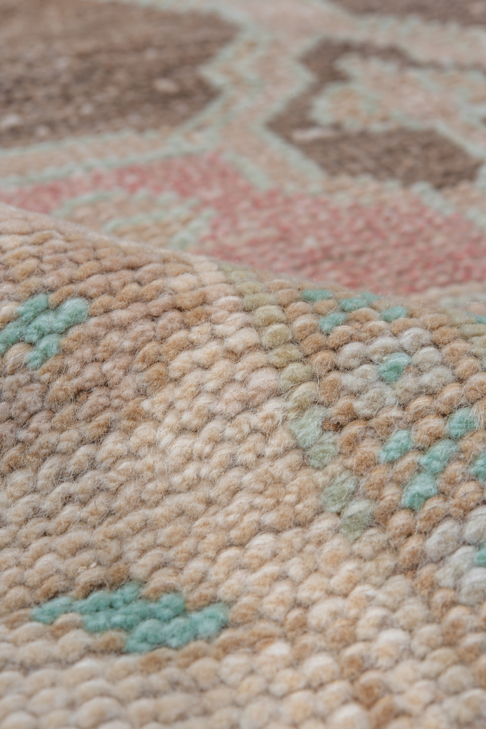 3' x 5' one-of-a-kind handmade vintage Oushak small size rug. Color palette: brown, ivory, taupe, blush, pale aqua, cream