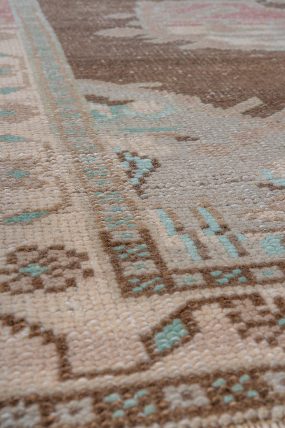 3' x 5' one-of-a-kind handmade vintage Oushak small size rug. Color palette: brown, ivory, taupe, blush, pale aqua, cream