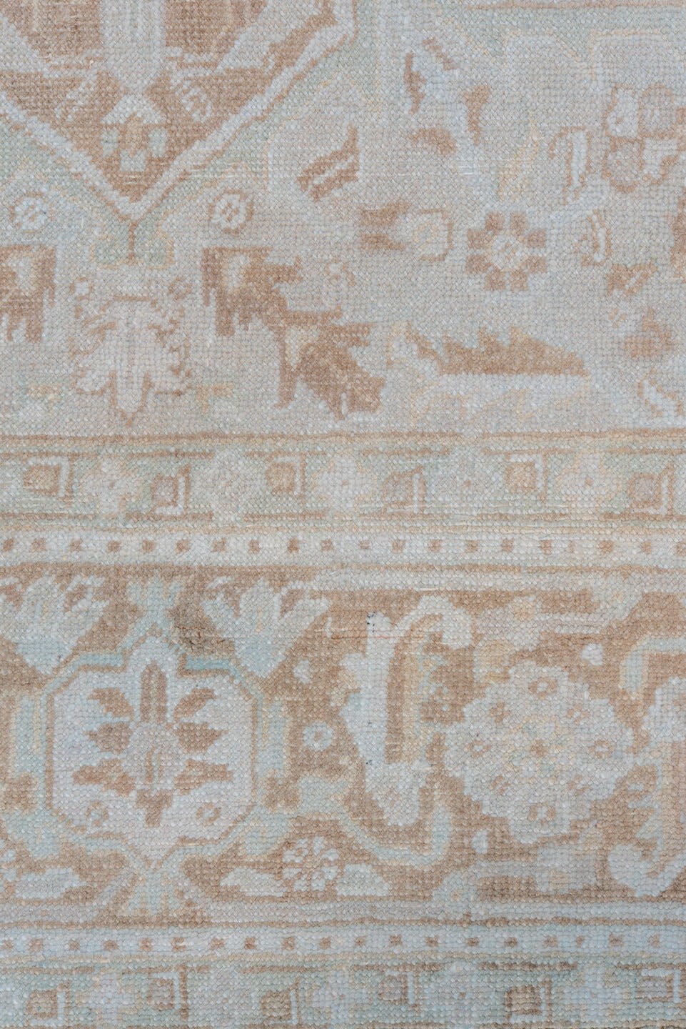 7' x 9' one-of-a-kind handmade vintage Heriz rug. Color palette: ivory, beige, taupe, camel, pale blue, gray, light blue