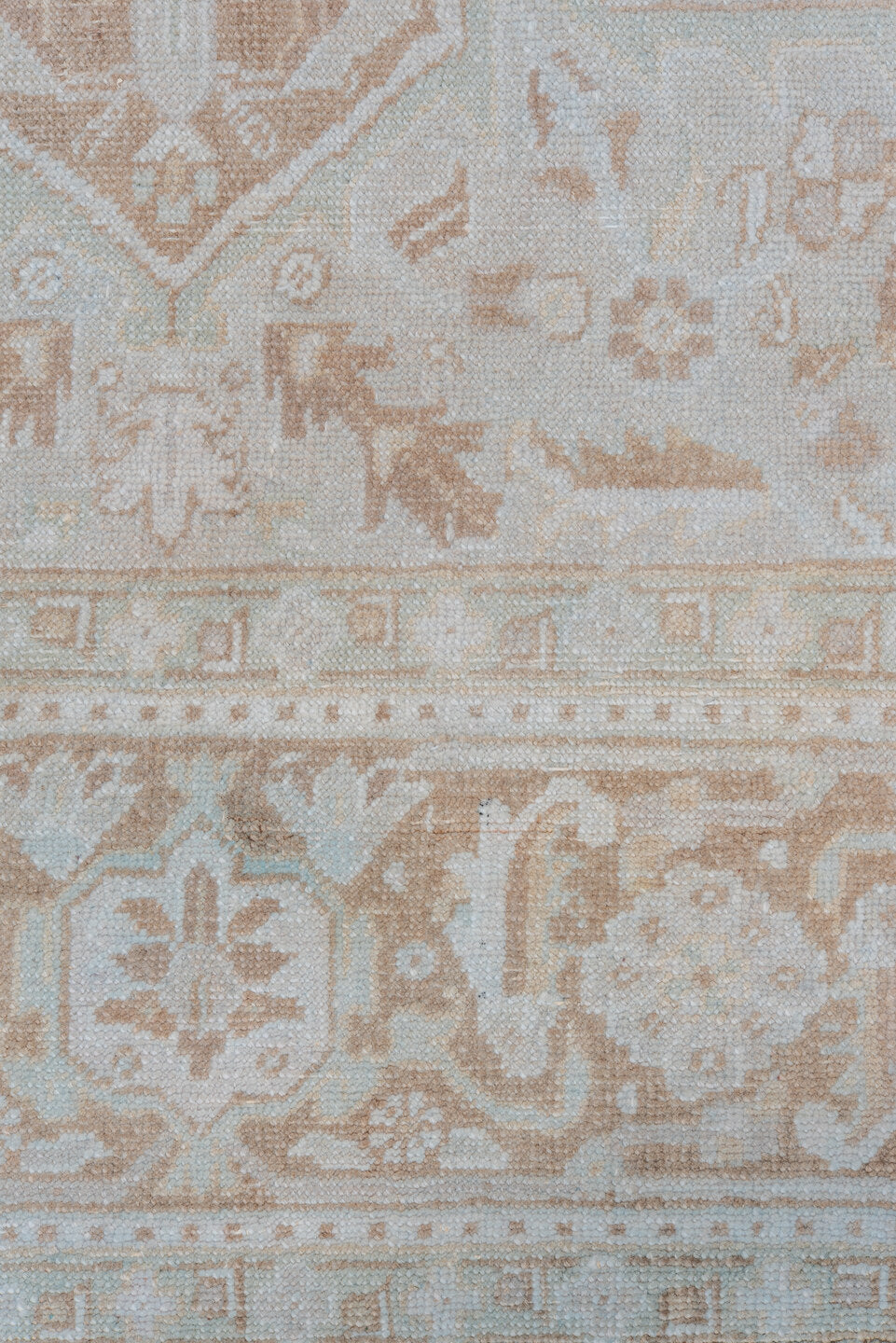 7' x 9' one-of-a-kind handmade vintage Heriz rug. Color palette: ivory, beige, taupe, camel, pale blue, gray, light blue